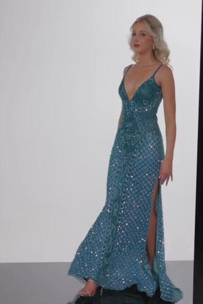 Jovani 36643 Long Prom Dress Beaded  V Neck High Slit Train Formal Pageant Gown