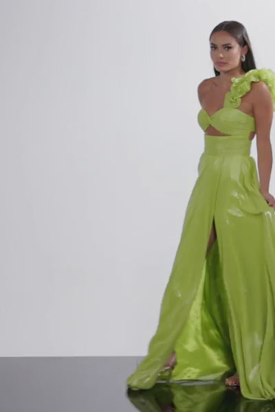 Jovani 37254 Long Prom Dress Metallic One Shoulder Pleated Waist Ruffl   Glass Slipper Formals