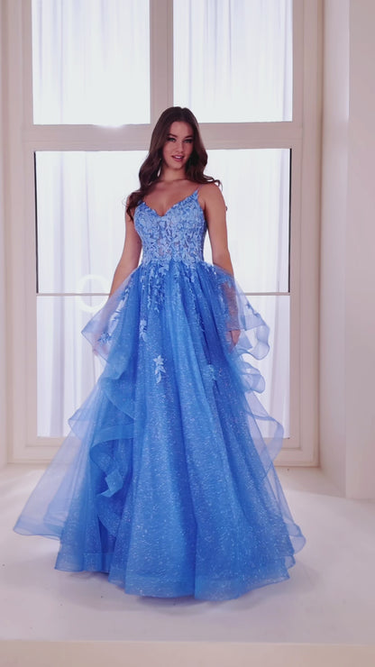 Ellie Wilde EW36085 Sheer Lace Shimmer Prom Dress A Line Ballgown Ruffle Formal Pageant