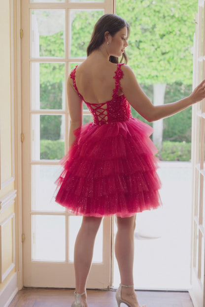 Nox Anabel E904 Short sheer lace sequin Homecoming Dress Layer shimmer skirt Corset Gown