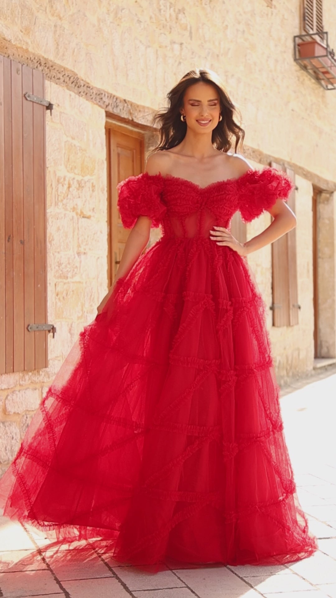 Amarra 94002 Pleated Tulle A Line Ballgown Puff Sleeve Formal