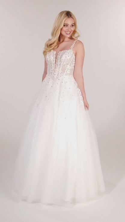 Ellie Wilde EW120014 Long Sheer Lace Shimmer Ballgown Prom Dress V Neck Formal Gown