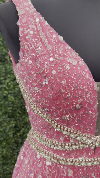Johnathan Kayne 5400 Size 4 Pink Long Beaded Sequin A Line Crystal Formal Evening Dress Gown V Neck