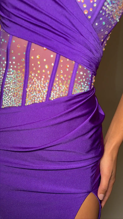 Ashley Lauren 11617 Long One Shoulder Sheer Crystal Corset Prom Dress Pageant Maxi Slit Gown