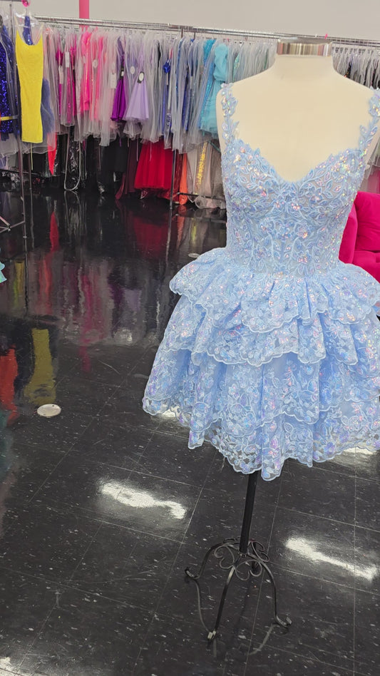 Jovani 37080 Short Dress Lace Ruffle Homecoming Sequin Corset Cocktail Gown Layer Skirt