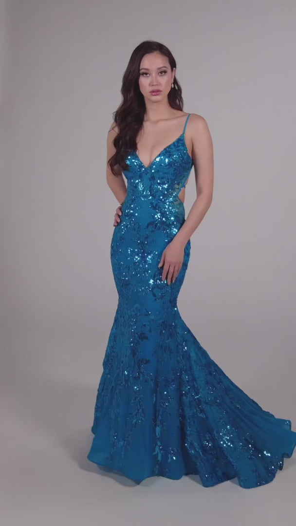 Ellie Wilde EW35011 Long Sequin Sheer Cut out Mermaid Prom Dress