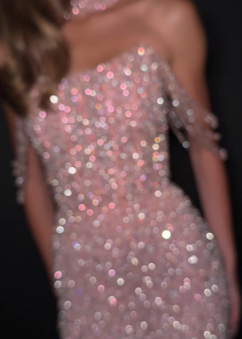 Look Fabulous in this Ashley Lauren 11598 Formal Dress fully encrusted with pearls and crystals featuring an off shoulder design and a matching choker. Perfect for Prom, Pageants, Red Carpets Events, Wedding &amp; more!