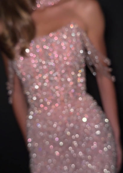 Look Fabulous in this Ashley Lauren 11598 Formal Dress fully encrusted with pearls and crystals featuring an off shoulder design and a matching choker. Perfect for Prom, Pageants, Red Carpets Events, Wedding &amp; more!
