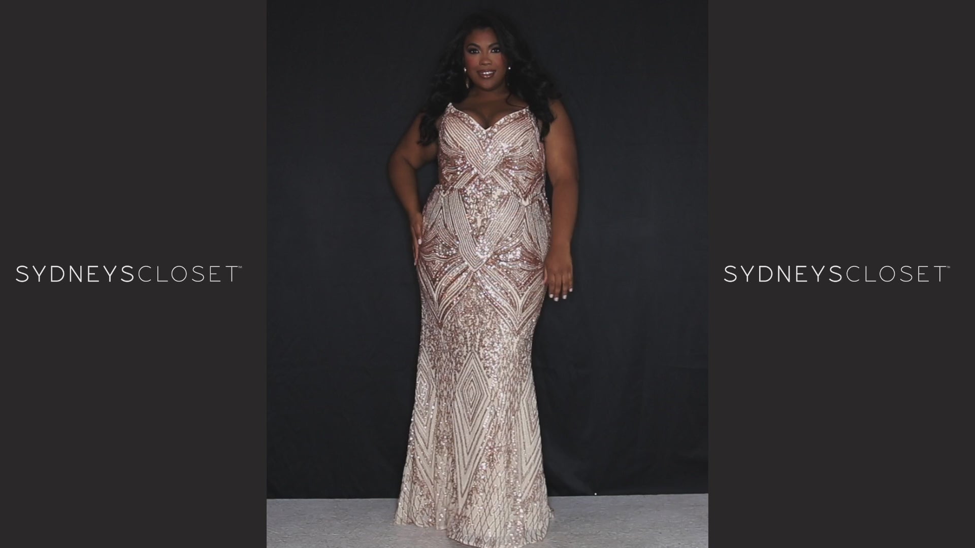 Sydney's Closet SC7340 Rose Gold Fitted Evening Gown Sequins V Neckline Plus Size Prom Dress. Look dazzling like a diva in Sydney's Closet SC7340 Rose Gold Fitted Evening Gown. Its sequined V-neckline, fitted silhouette, and plus size design will make you shine like a star at your prom! All eyes will be on you. Oooh la la!