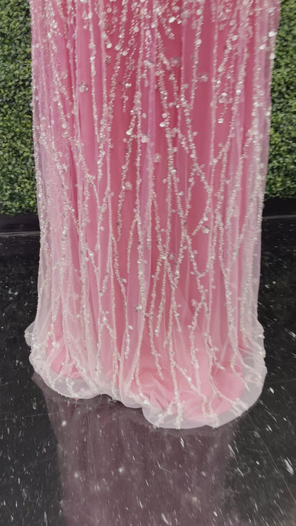 Johnathan Kayne 5400 Size 4 Pink Long Beaded Sequin A Line Crystal Formal Evening Dress Gown V Neck