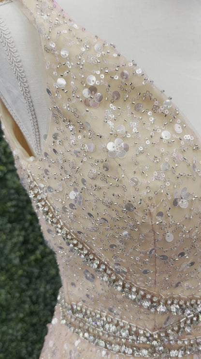 Johnathan Kayne 5400 Size 4 Champagne Long Beaded Sequin A Line Crystal Formal Evening Dress Gown V Neck