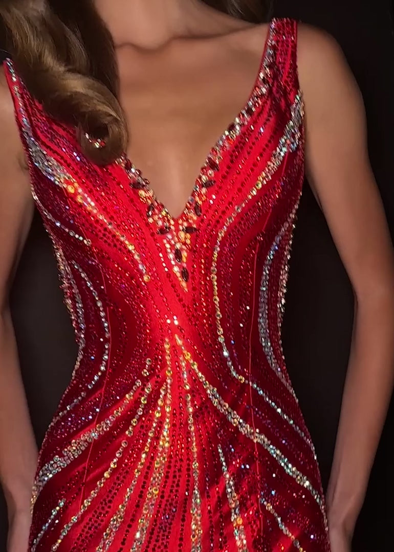 Make a statement in ASHLEYlauren Style 12253. This fully beaded evening gown features a flattering v-neckline and fitted silhouette. The heat set stone pattern creates a stunning swirl effect that accentuates your curves. The look is finished with a high slit and low open back for added drama.

Available in Champagne, Emerald, Gold, Ocean, Pink, Purple, Red, Royal
Ideal for Prom, Formal Galas, Special Occasions, Pageant Competitions and Red Carpet Events.
Featuring a V-Neckline, High Slit, and Open Back

As