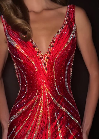 Make a statement in ASHLEYlauren Style 12253. This fully beaded evening gown features a flattering v-neckline and fitted silhouette. The heat set stone pattern creates a stunning swirl effect that accentuates your curves. The look is finished with a high slit and low open back for added drama.

Available in Champagne, Emerald, Gold, Ocean, Pink, Purple, Red, Royal
Ideal for Prom, Formal Galas, Special Occasions, Pageant Competitions and Red Carpet Events.
Featuring a V-Neckline, High Slit, and Open Back

As