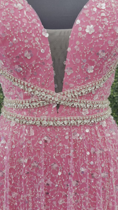 Johnathan Kayne 5400 Size 4 Pink Long Beaded Sequin A Line Crystal Formal Evening Dress Gown V Neck