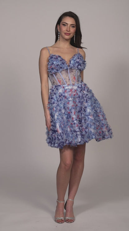 This Dave &amp; Johnny 11768 Short Ruffle Floral Homecoming Dress blends a charming floral print with a sheer corset top for a unique and stylish look. The A-line silhouette is flattering and comfortable, making it perfect for any cocktail occasion. Upgrade your wardrobe with this beautiful and fashion-forward gown.