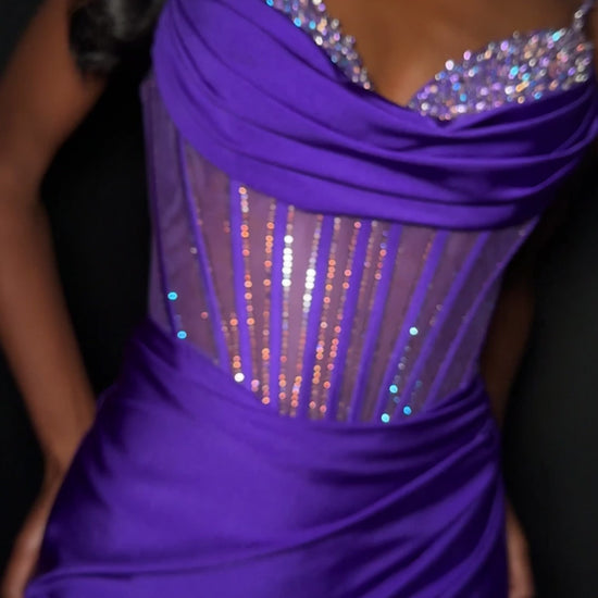 Elevate your evening with the Ashley Lauren 4864, a short fitted homecoming dress that combines elegance and allure. Crafted from smooth jersey fabric, this cocktail gown features a flattering corset bodice adorned with sparkling crystals, enhancing your silhouette with refined glamour. The tasteful slit adds a touch of sophistication and movement, making it perfect for memorable occasions. Designed to highlight your confidence and style, this dress is an exquisite choice for your next special event. Make a