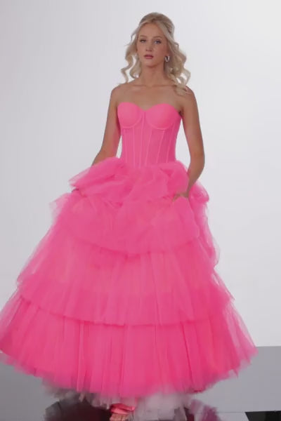Jovani 37062 Hot Pink Prom Dress Corset Bodice Tiered Ruffle Ball Gown Skirt Formal Pageant Gown