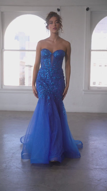 Ladivine CB139 Sheer Corset Shimmer Mermaid Sequin Prom Dress Strapless Formal Gown