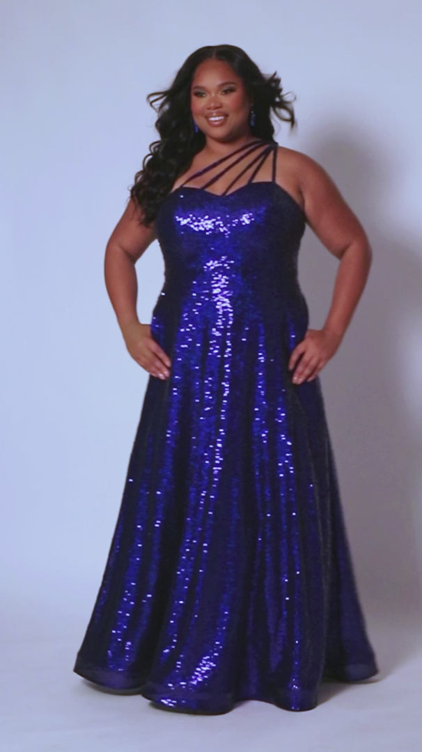 Elevate your look in Sydneys Closet SC7389 Long Prom Dress. This plus size sequin gown features an off-shoulder neckline, A-line silhouette, and pockets for added convenience. Perfect for formal occasions, this dress ensures you'll make a stunning entrance. Be the glamour Queen at Prom 2024 or any formal gala when you sparkle in our 1-shoulder sequin plus size evening dress. 