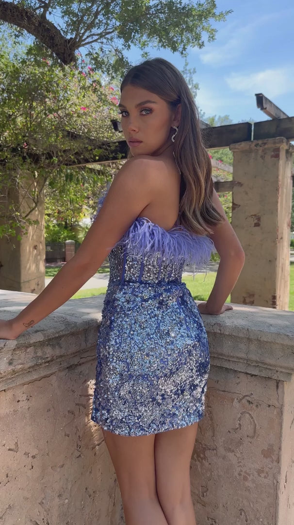This stunning Ava Presley 28215 dress will ensure you make a statement at your special occasion. Featuring a short fitted sequin bodice, sheer corset and feather accents, this dress is perfect for a homecoming, cocktail party or other formal event. Glittering with elegant sophistication, you'll be perfectly dressed and turn heads.  Sizes: 00-16  Colors: Light Blue, Periwinkle, Off White