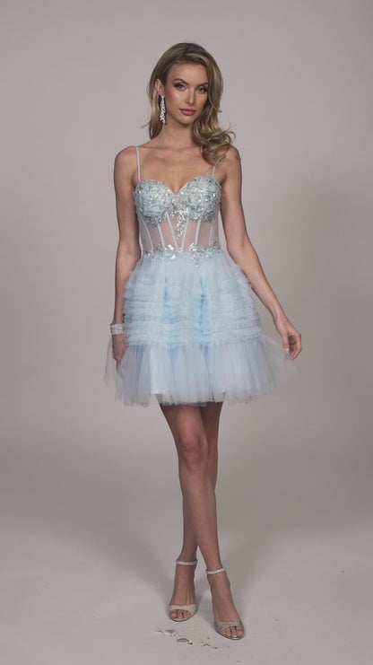 Dave & Johnny 11888 Sheer Corset Ruffle A Line Homecoming Dress Sequin Cocktail Gown Layered