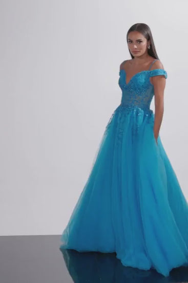 Introducing the Jovani 02022 Long Prom Dress, perfect for any formal occasion. The stunning A-line silhouette flatters all body types, while the off-shoulder neckline adds a touch of elegance. The corset bodice cinches the waist, and the flowing tulle skirt creates a dreamy, ethereal look. Complete with a V-neck and intricate detailing, this gown is perfect for making a statement at any pageant or special event.