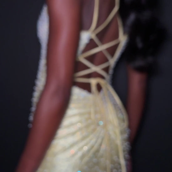 Ashley Lauren 12357 Make an entrance in ASHLEYlauren Style 12357 pearl crystal prom dress. This gown features full pearl beading, a fitted silhouette, lace up back and sleek sweetheart neckline. The vertical beadwork accentuates the waist and elongates the figure.