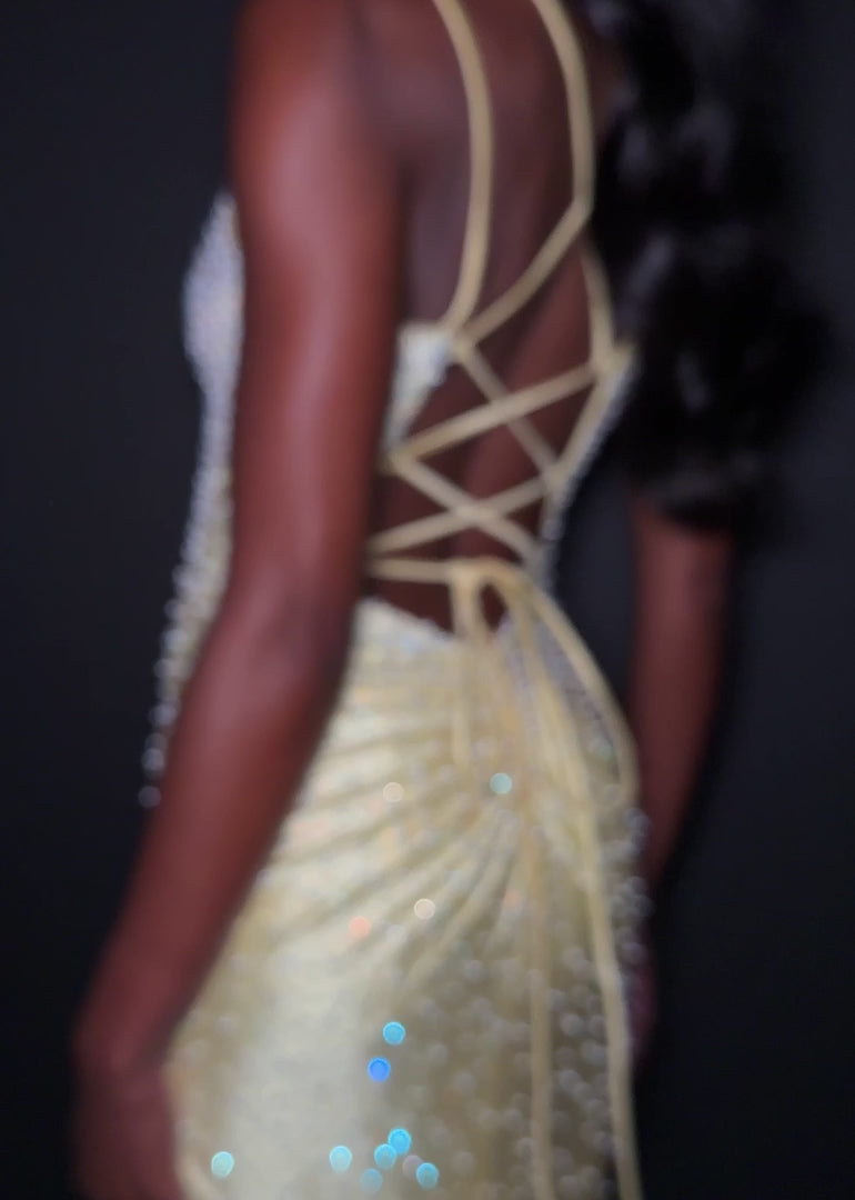 Ashley Lauren 12357 Make an entrance in ASHLEYlauren Style 12357 pearl crystal prom dress. This gown features full pearl beading, a fitted silhouette, lace up back and sleek sweetheart neckline. The vertical beadwork accentuates the waist and elongates the figure.