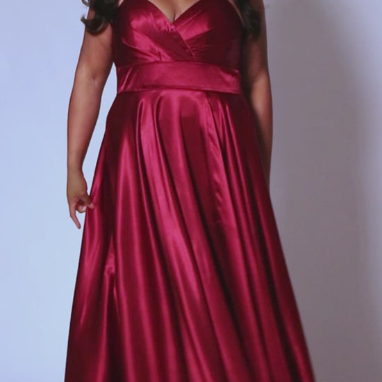 Sydney's Closet SC7355 A Line Satin Plus Size Prom Dress Slit V Neck Formal Gown Corset Color: Apricot, Lemon, Lime, Raspberry Size: 14-32 A-Line silhouette Spaghetti Straps Sweetheart neckline Lace-up back with modesty panel A-line skirt with slit Pockets Fully Lined