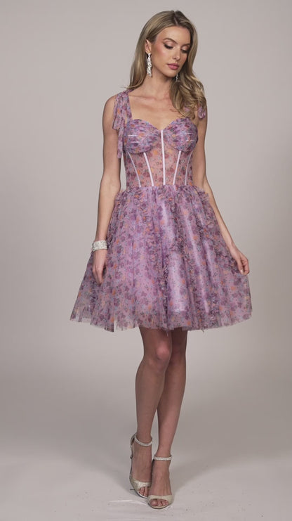 Dave & Johnny 11752 Size 14 Purple Pleated Print Sheer Corset Homecoming Dress Floral Ruffle Skirt Gown