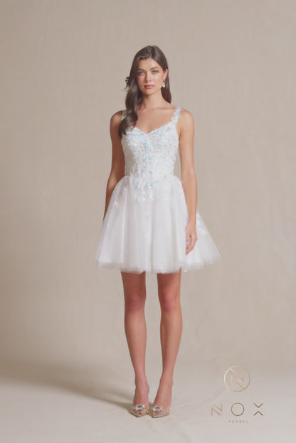 Nox Anabel H846 Short Shimmer Lace Homecoming Dress Sequin Corset Cocktail Gown
