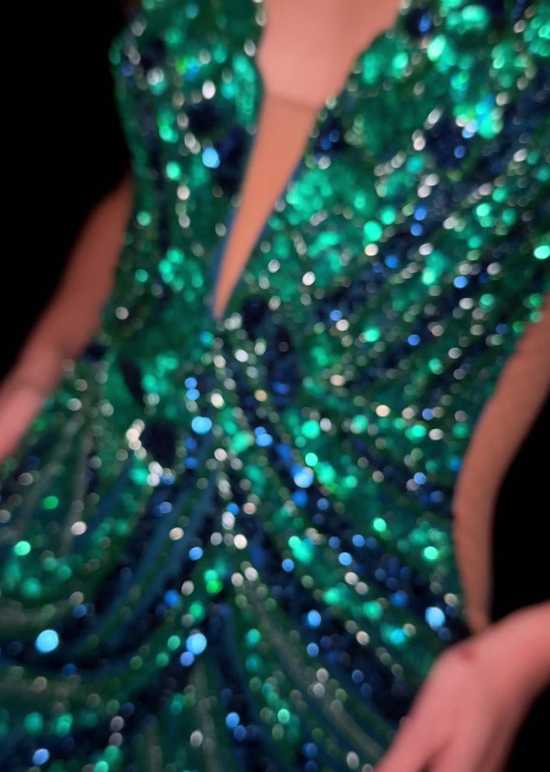 Elevate your evening with the Ashley Lauren 4893, a short fitted homecoming dress that dazzles with intricate sequin detailing and delicate sheer beading. Its flattering V-neckline enhances elegance, while the tailored silhouette ensures a sophisticated, confident look perfect for cocktail events and special occasions.&nbsp;

Turn heads in the ASHLEYlauren Style 4893 fully beaded mini dress. This striking cocktail dress features a plunging neckline, open back, and shimmering beadwork in a geometric pattern.