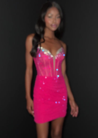 Elevate your evening with the Ashley Lauren 4877, a short fitted cocktail gown designed to captivate. Featuring a sheer crystal corset and a flattering V-neckline, this homecoming dress combines elegance with a modern edge. Its tailored silhouette enhances your figure, making it perfect for memorable occasions where sophistication is key.&nbsp;Shine bright in the ASHLEYlauren Style 4877, a dazzling press-on fabric mini dress featuring an ombre effect with beaded detailing on the bust and body. This sweethea