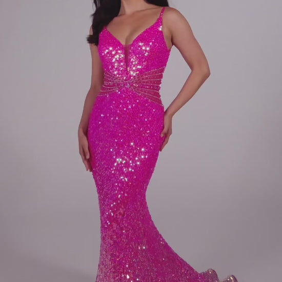 This Ellie Wilde Sequin Mermaid Sheer Prom Dress is perfect for your next special occasion. With its stunning beaded V neck and sheer detailing, this dress will make you stand out in the crowd. Its form-fitting silhouette and sparkling sequin design will make you feel confident and elegant. Ombre  Sizes: 00-16  Colors: OCEAN BLUE, HOT PINK
