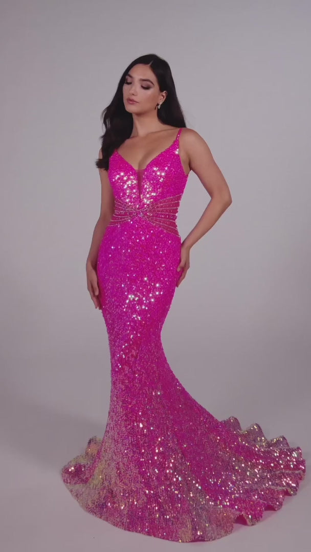 This Ellie Wilde Sequin Mermaid Sheer Prom Dress is perfect for your next special occasion. With its stunning beaded V neck and sheer detailing, this dress will make you stand out in the crowd. Its form-fitting silhouette and sparkling sequin design will make you feel confident and elegant. Ombre  Sizes: 00-16  Colors: OCEAN BLUE, HOT PINK