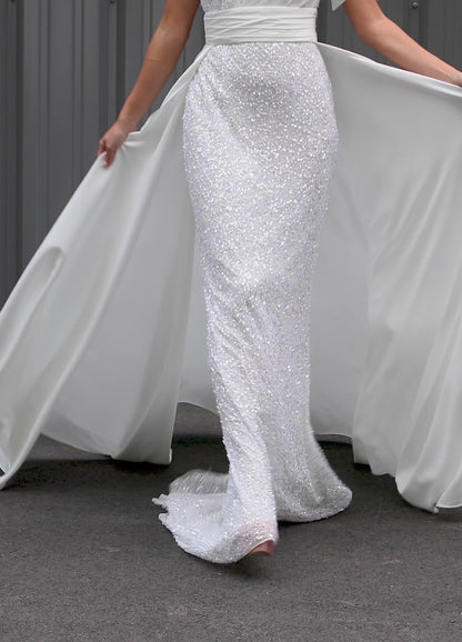 Ashley Lauren 11104 Size 4,8,12 Ivory Overskirt One Shoulder Bow Satin Long Overskirt Pageant Bridal Wedding
