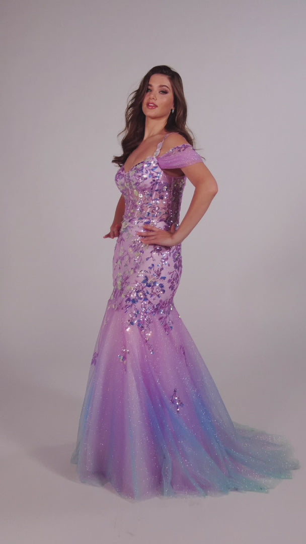 The Ellie Wilde EW35056 Ombre Sequin Sheer Corset Prom Dress will make a show-stopping entrance. It features a corset bodice, detachable off-shoulder glitter tulle straps, and a lace-up back for a custom fit. The mermaid silhouette and ombre sequin sheer fabric guarantee a glamorous look on your special night.  COLOR: COTTON CANDY, LIME SORBET, SEA BREEZE SIZE: 00 - 20