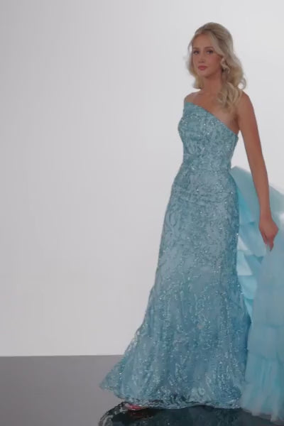 Jovani 26119 Long Prom Dress Strapless Fitted Glitter Tulle Layered  Over skirt Formal Pageant Gown