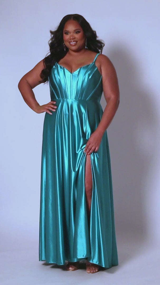Sydneys Closet SC7380 Long Prom Dress Plus Size Corset V Neck Satin A- –  Glass Slipper Formals