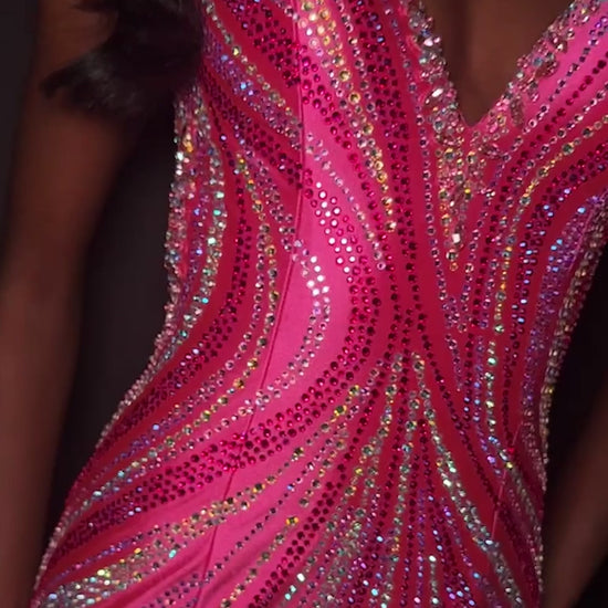 Make a statement in ASHLEYlauren Style 12253. This fully beaded evening gown features a flattering v-neckline and fitted silhouette. The heat set stone pattern creates a stunning swirl effect that accentuates your curves. The look is finished with a high slit and low open back for added drama.

Available in Champagne, Emerald, Gold, Ocean, Pink, Purple, Red, Royal
Ideal for Prom, Formal Galas, Special Occasions, Pageant Competitions and Red Carpet Events.
Featuring a V-Neckline, High Slit, and Open Back

As