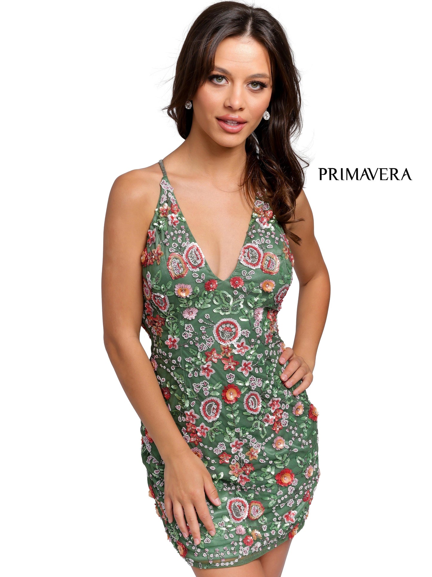 This Primavera Couture 1938 dress is sure to make a statement! Featuring a beaded sequin pattern and v-neckline with spaghetti straps, this elegant cocktail dress is perfect for any homecoming or prom event. Sage Green Front