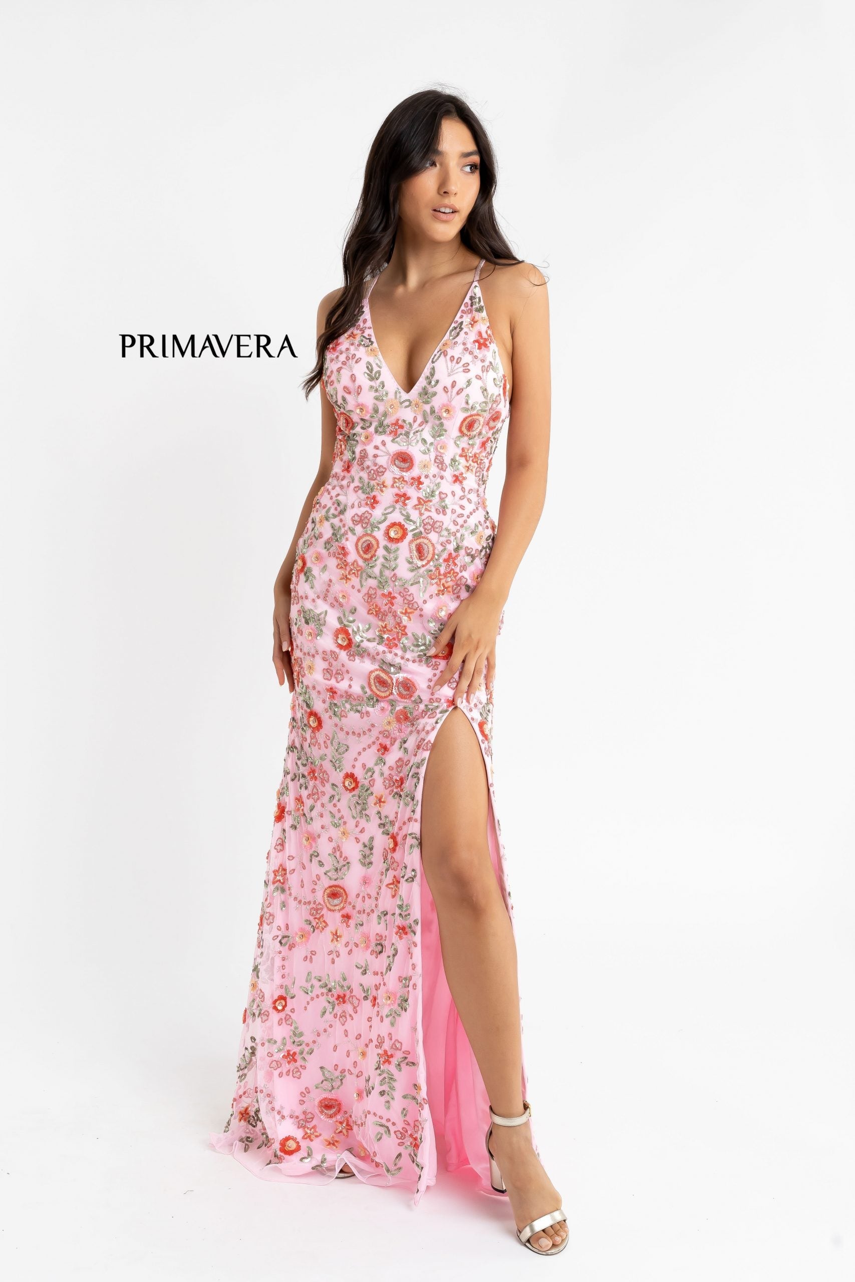 primavera long beaded dress 3073 Primavera Couture Beaded Floral Open Back Long Dress 3073