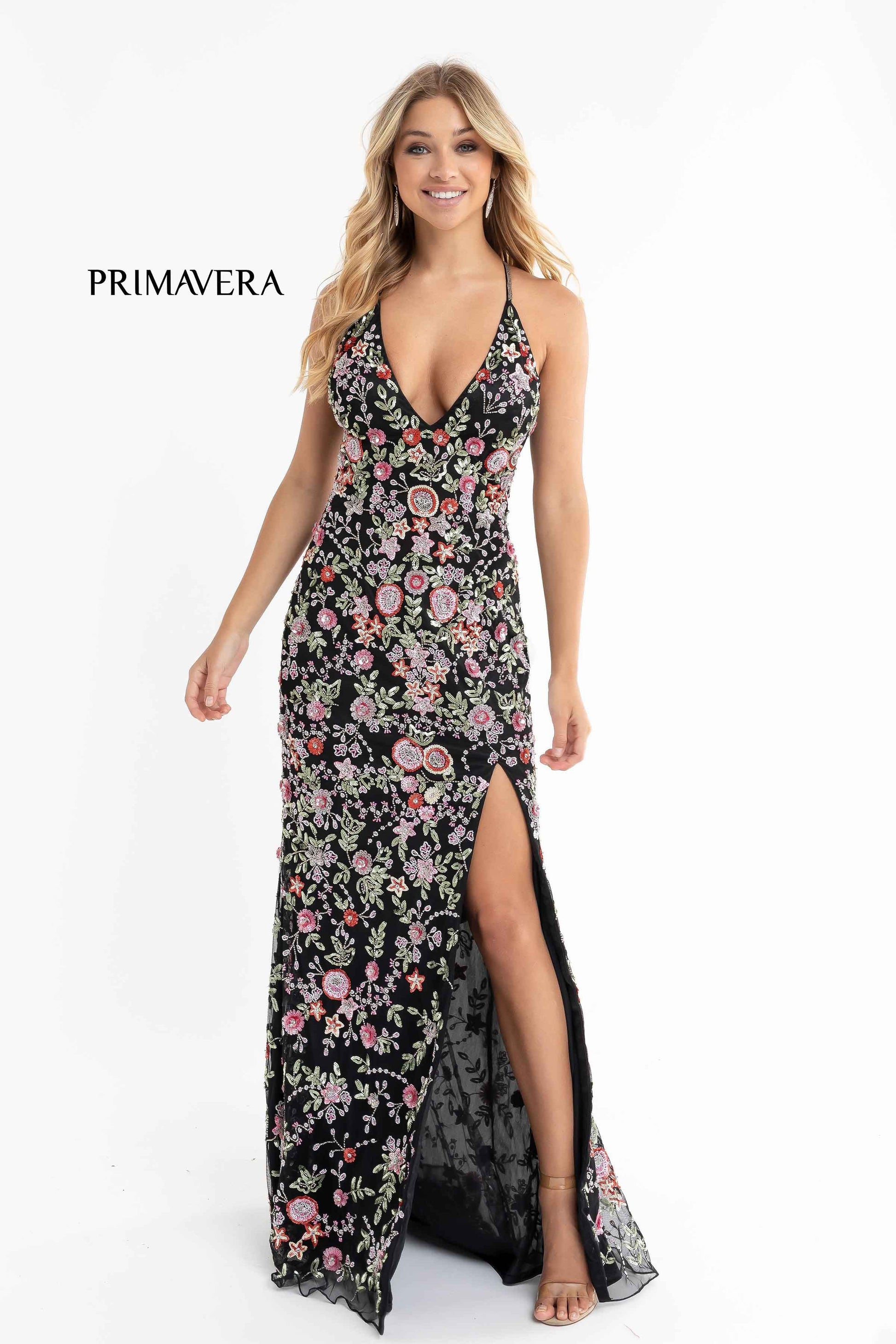 Primavera Couture 3073 Prom Dress Sequin Flowers Long Evening Gown V neckline slit