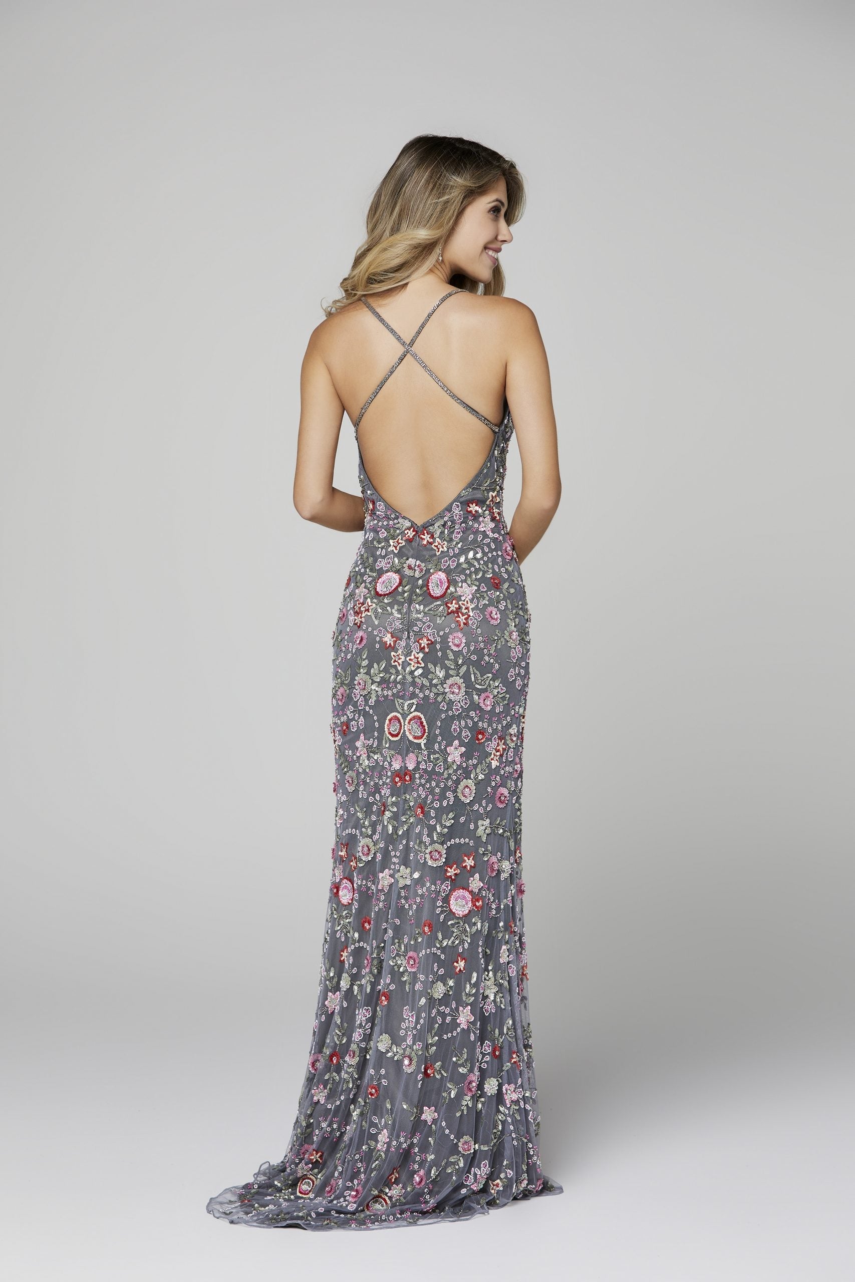grey prom dress with flowers Grey Tulle Sequins V-neck Prom Dresses, Formal Dress PL416