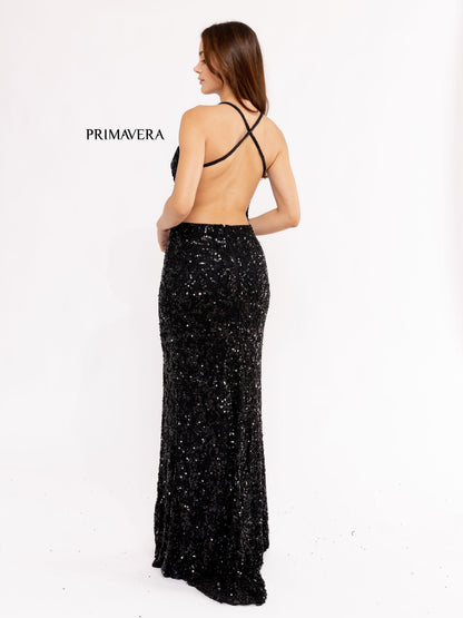 Primavera Couture 3295 Size 000 Black Prom Dress V Neckline Sequins Backless Slit Formal Evening Gown