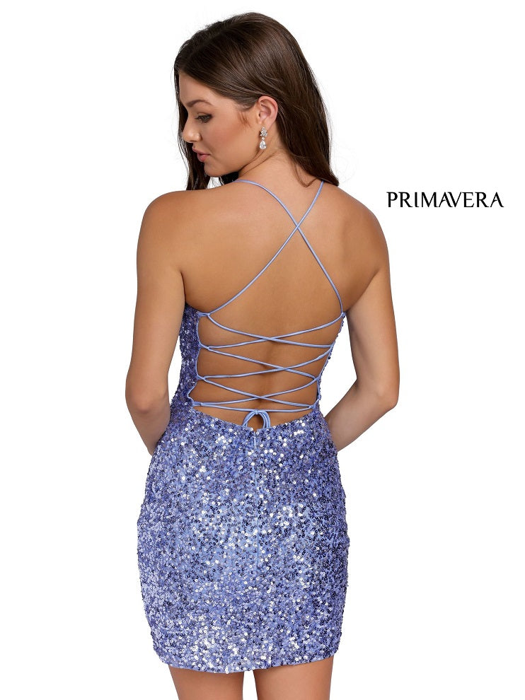 Primavera-Couture-3351-Bright-Blue-Cocktail-Dress-front-Sequin-fitted-short-homecoming-scoop-neckline-lace-up-back-backless