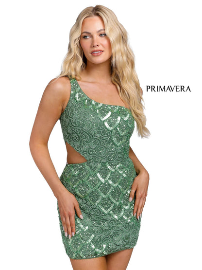 Primavera Couture 3504 Cocktail Dress Glass Slipper Formals Lake City Florida  Wow everyone at the party with this short homecoming dress.  The beaded sequins fitted dress has scallop details, it is one shoulder with a cutout on the side.  Colors: Black, Bright Blue, Ivory, Emerald, Gold, Light Turquoise, Neon Coral, Neon Lilac, Neon Pink, Orange, Pewter, Pink, Purple, Raspberry, Red, Royal Blue, Sage Green, Yellow  Sizes:  00, 0, 2, 4, 6, 8, 10, 12, 14, 16, 18