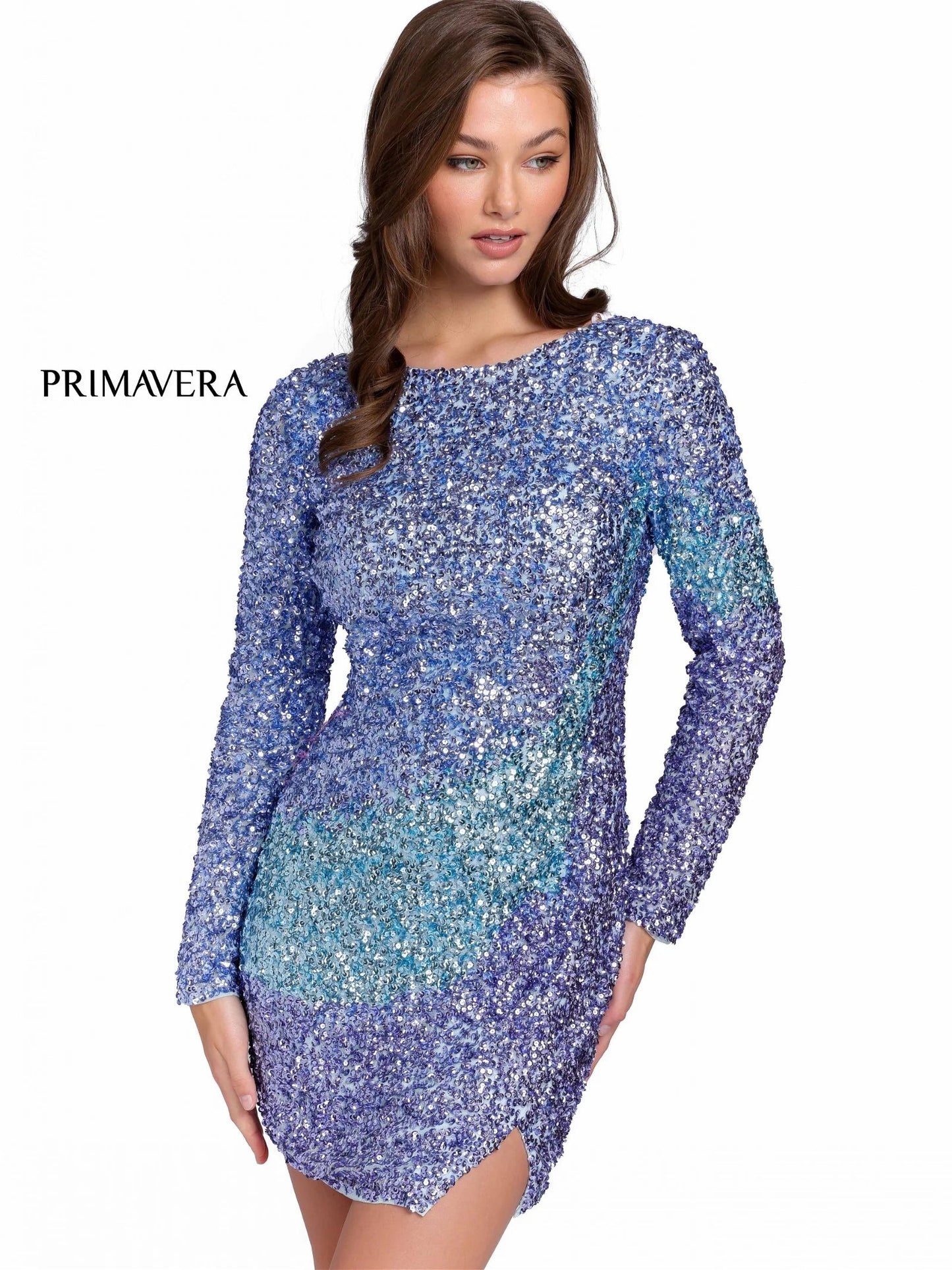 Primavera Couture 3819 Short 2023 Homecoming Dress Fitted Long sleeve backless Sequin Cocktail Dress. Ombre color shift with a slit in skirt.  Available Color- Black, Light Blue, Pink, Lavender, Mint, Nude/Multi  Available Size-00-18