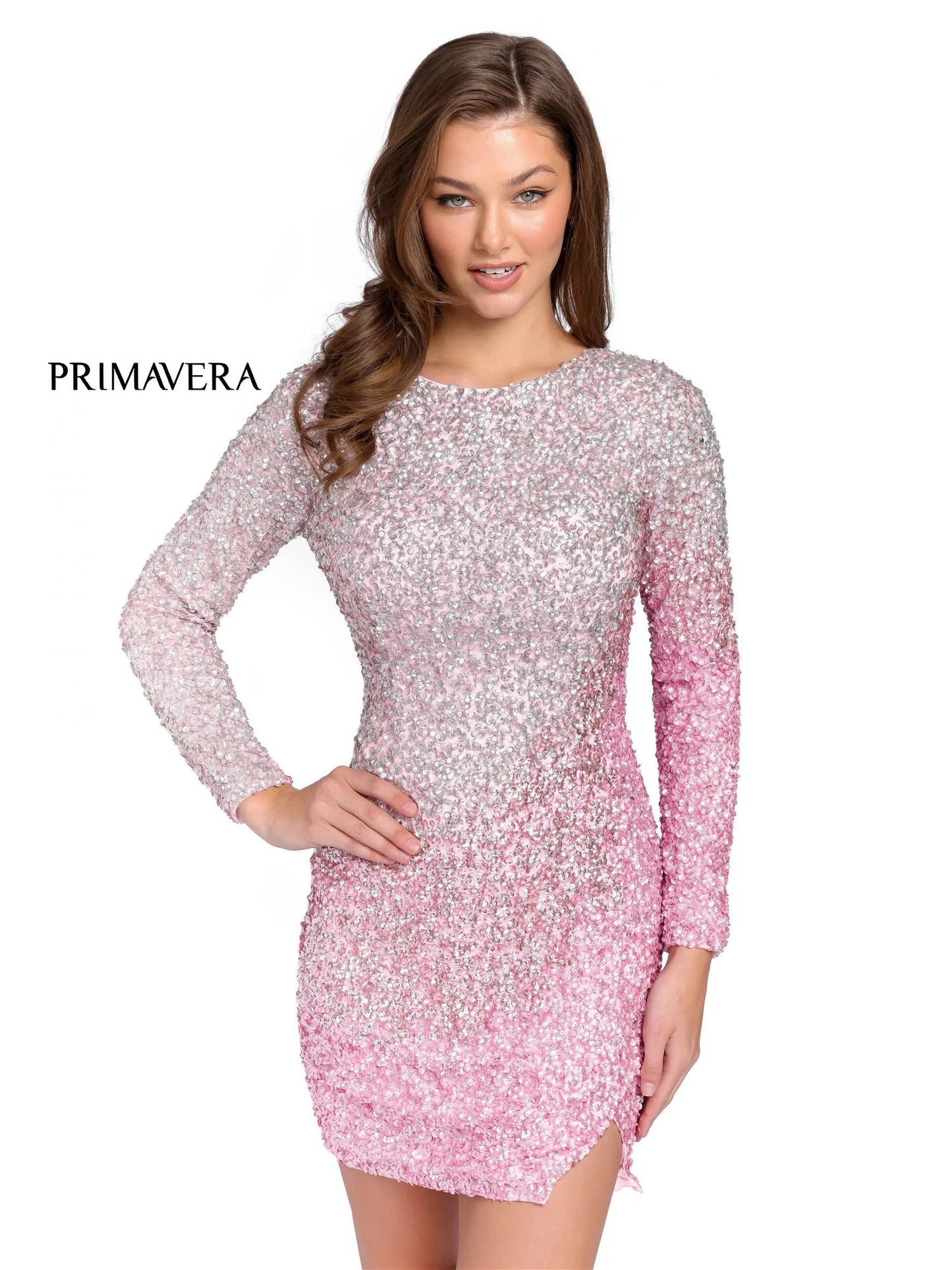 Primavera Couture 3819 Short 2023 Homecoming Dress Fitted Long sleeve backless Sequin Cocktail Dress. Ombre color shift with a slit in skirt.  Available Color- Black, Light Blue, Pink, Lavender, Mint, Nude/Multi  Available Size-00-18