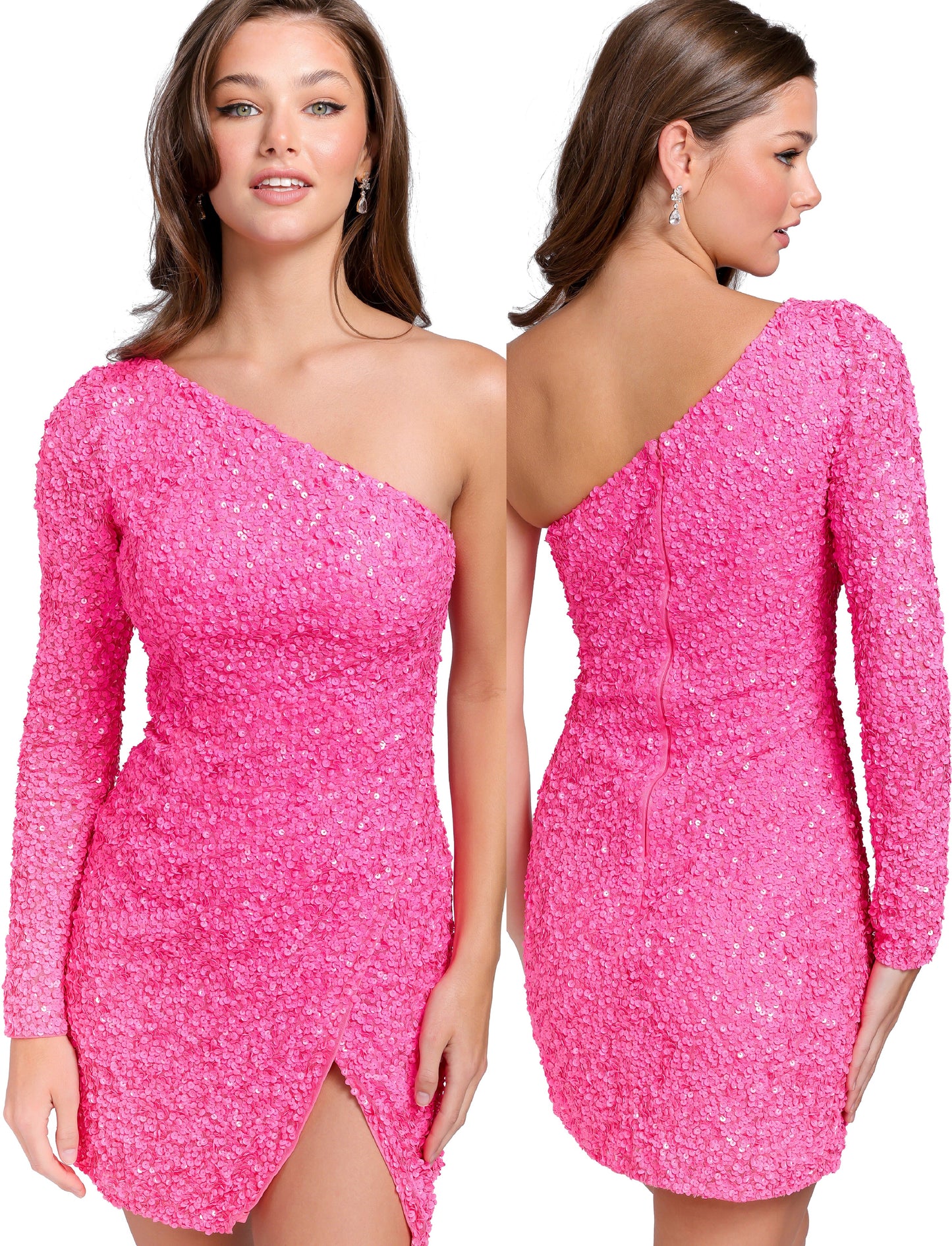 Primavera Couture 3860 Short 2023 Homecoming dress Fitted sequin beaded short cocktail dress One Shoulder Long Sleeve Maxi slit Homecoming  Available Color- Baby Pink, Gold, Lilac, Light Blue, Neon Pink, Red, Royal Blue, Apple Green, Mint, Peacock  Available Size-00-18